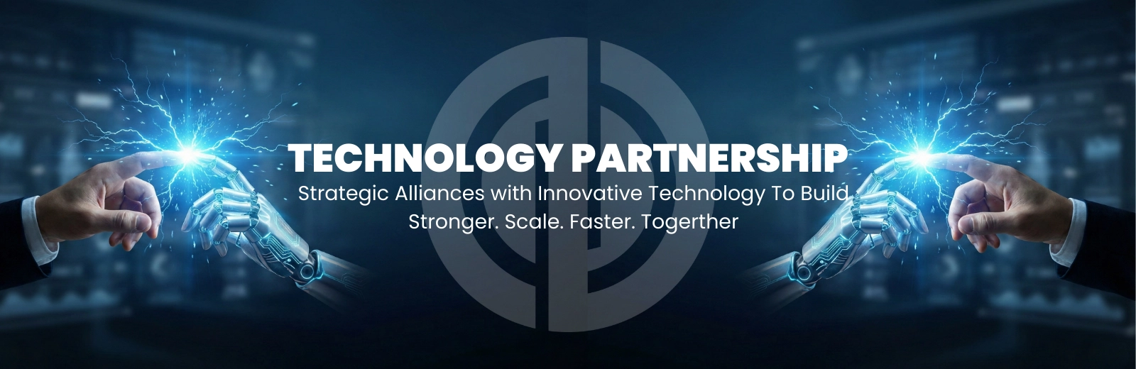 Technology partnership banner with human and robotic hands, digital interface, and innovation tagline.